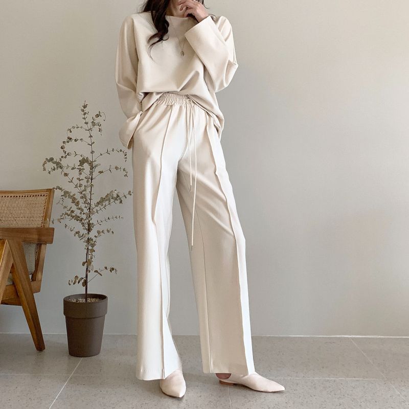Damenbekleidung Frühfrühling Lazy Loose Sweater Hohe Taille Cover Meat Lässiger Hosenanzug mit weitem Bein für Damen_voghion.com