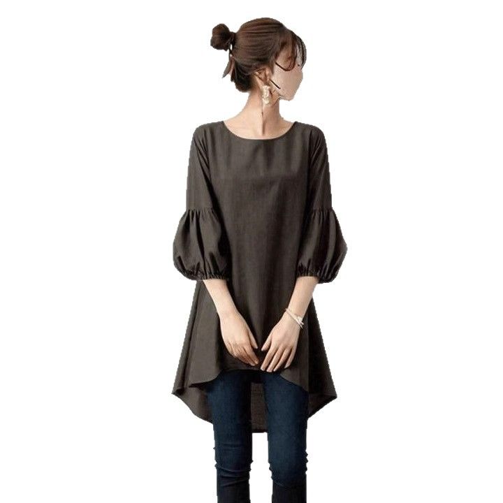 Disponibile in stile giapponese 2025, nuova primavera, tinta unita, scollo rotondo, manica a lanterna 7/10, laccio posteriore_voghion.com