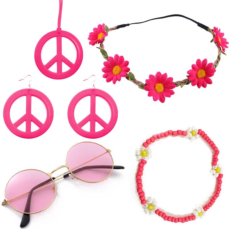 Hippie-Karnevalsbrille, Kopfbedeckungsset und Peace-Emblem-Ohrringe mit Halskette_voghion.com
