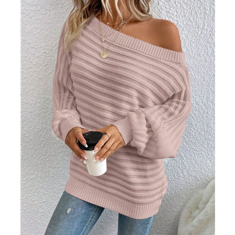 Eleganter Strickpullover mit Fledermausärmeln und U-Boot-Ausschnitt für Damen – weicher Acrylstoff, entspannte Passform, vielseitiger Pullover in Volltonfarbe für Herbst und Winter_voghion.com