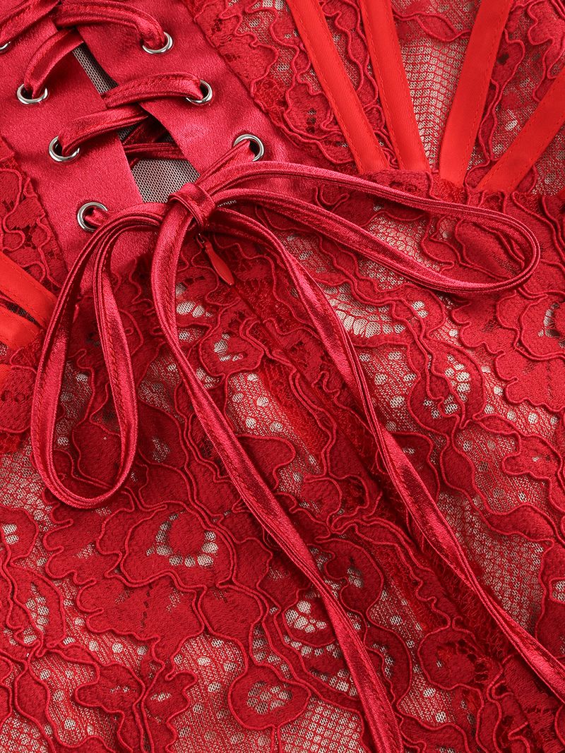 Elegantes, schulterfreies, schmales, figurbetontes Minikleid aus Spitze mit Korsett und Stäbchendetail_voghion.com