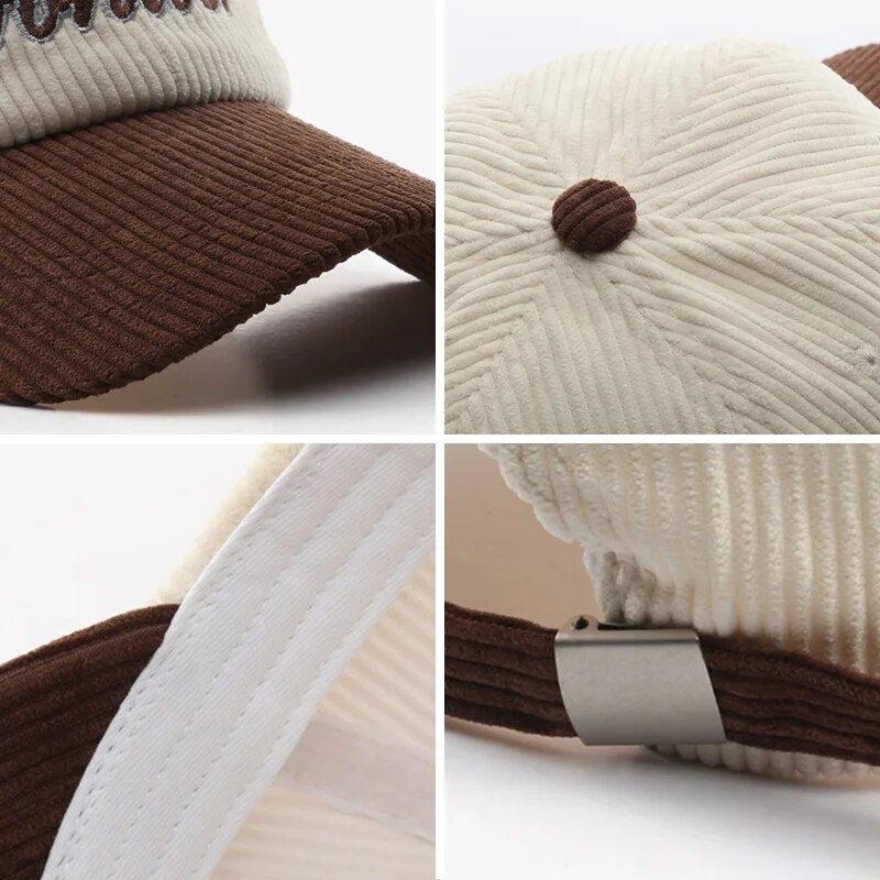 Letter Embroidery Baseball Cap Korean Corduroy Hip Hop Hat for Women Men Autumn Winter Thick Warm Unisex Peaked Caps_voghion.com