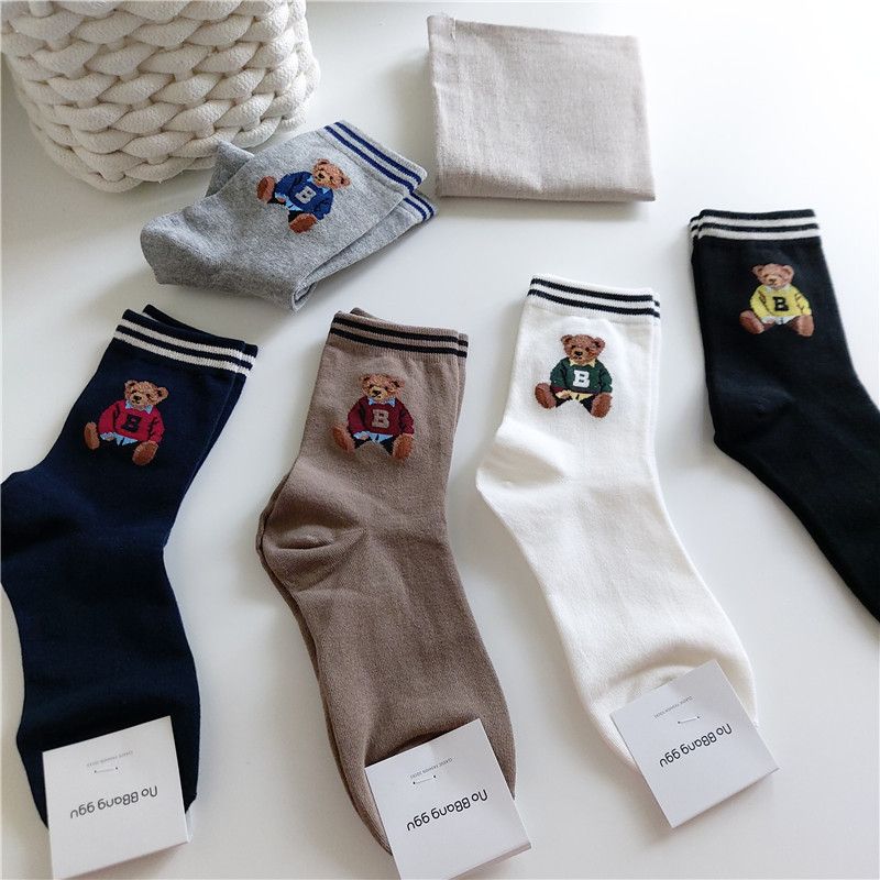 South Korea imported nobbangggu ladies spring autumn and winter cartoon British Bear socks N-W-001_voghion.com