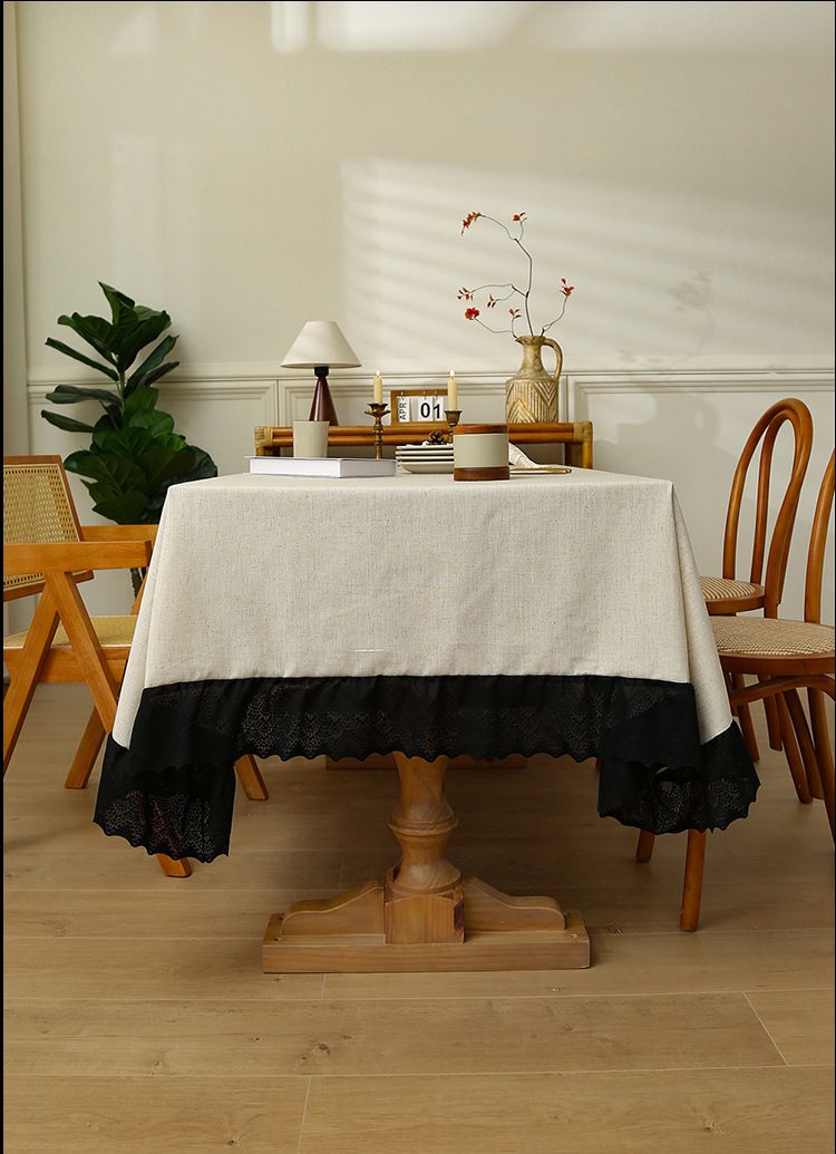 Nappe aspect lin d'inspiration vintage – Housse de table rectangulaire imperméable et antidérapante avec élégante bordure en dentelle – Style campagnard et nouveau style chinois_voghion.com
