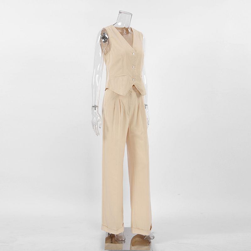 Completo da donna in cotone e lino senza maniche, gilet e pantaloni da donna, set due pezzi moda casual da donna_voghion.com