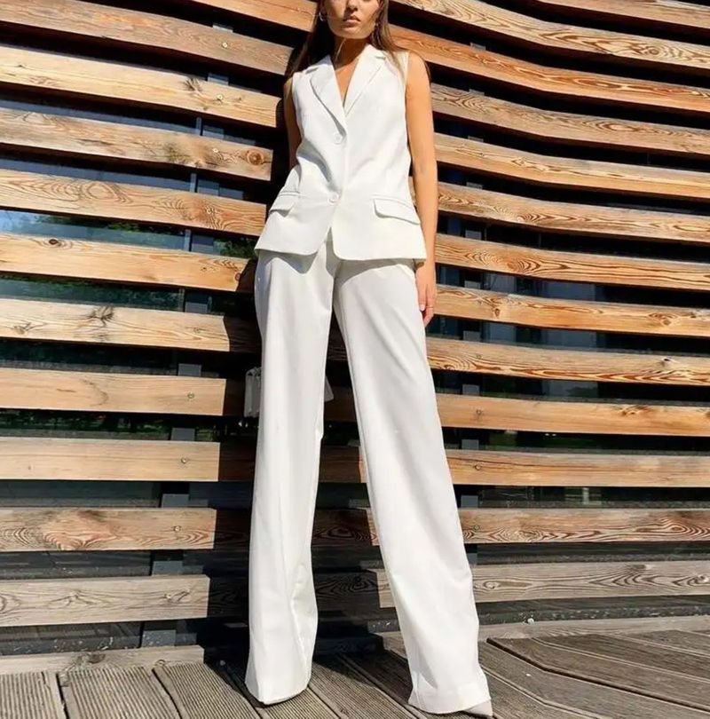 Kadın Giyim Moda Takım Elbise Yaka Yelek Yelek Geniş Paça Pantolon Günlük Takım Elbise_voghion.com