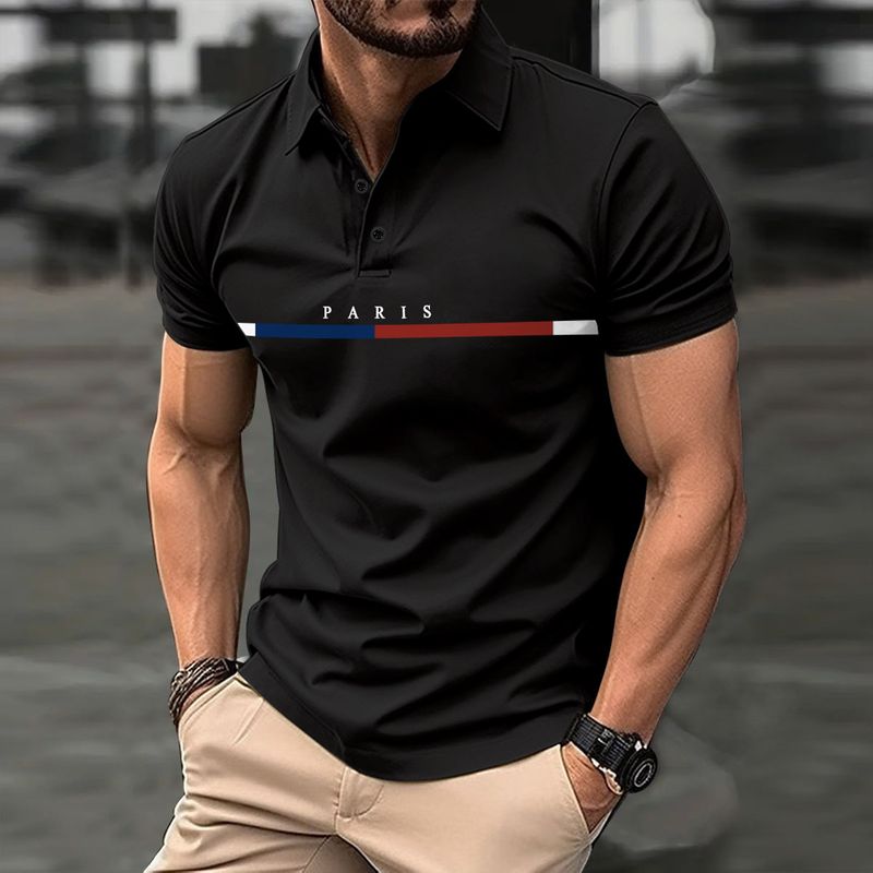 Men's Stripe Print Polo Shirt - Breathable Short Sleeve Casual Top With Button Collar, Lightweight & Comfortable For Summer_voghion.com