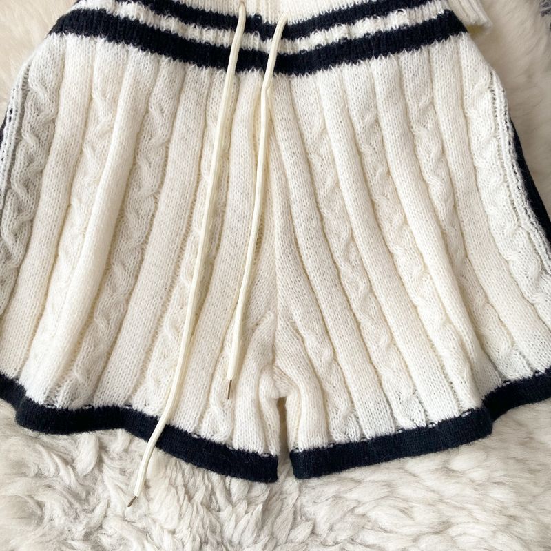 Women's Clothing Autumn and winter lazy style loose lapel striped sweater + high waist slim wide leg shorts knitted suit_voghion.com