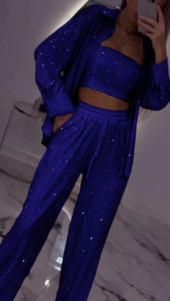 Luxury Trendy Sexy Sequin Long Sleeve Shirt Women 3 Pieces Set Shiny Wide Leg Pants Outfits Party Lady Gown Vacation Pant Suit_voghion.com