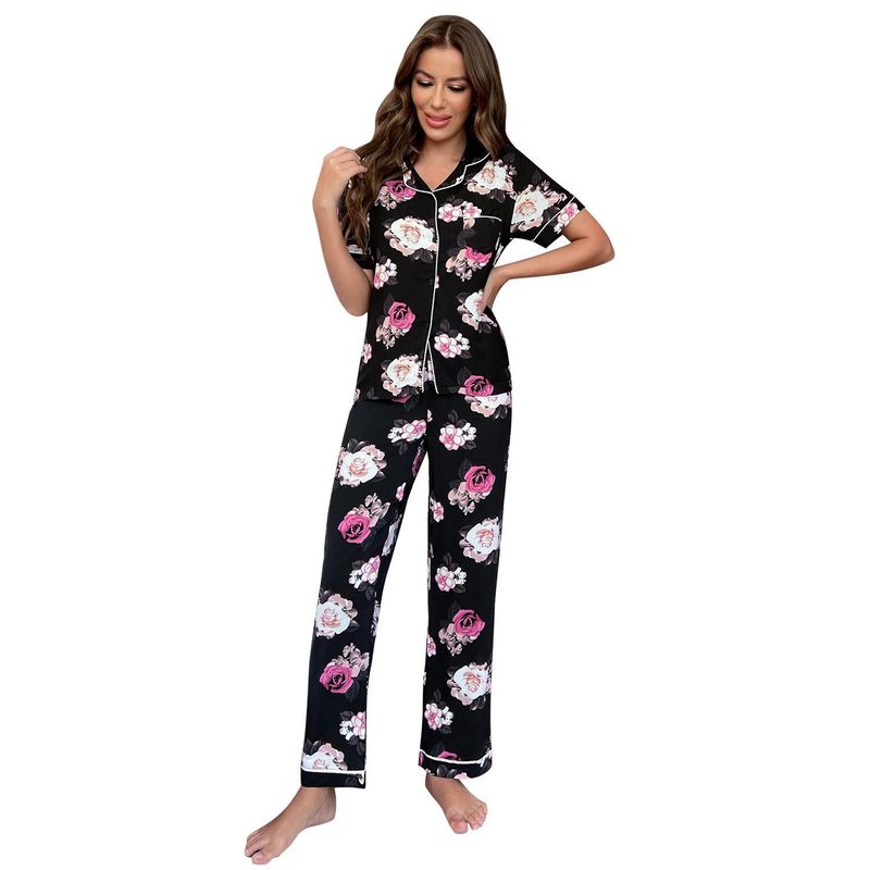 Pyjama Dames Zomer Plantenprint Korte Mouw Shirt Lange Broek Tweedelige Set Huiskleding Pamas_voghion.com