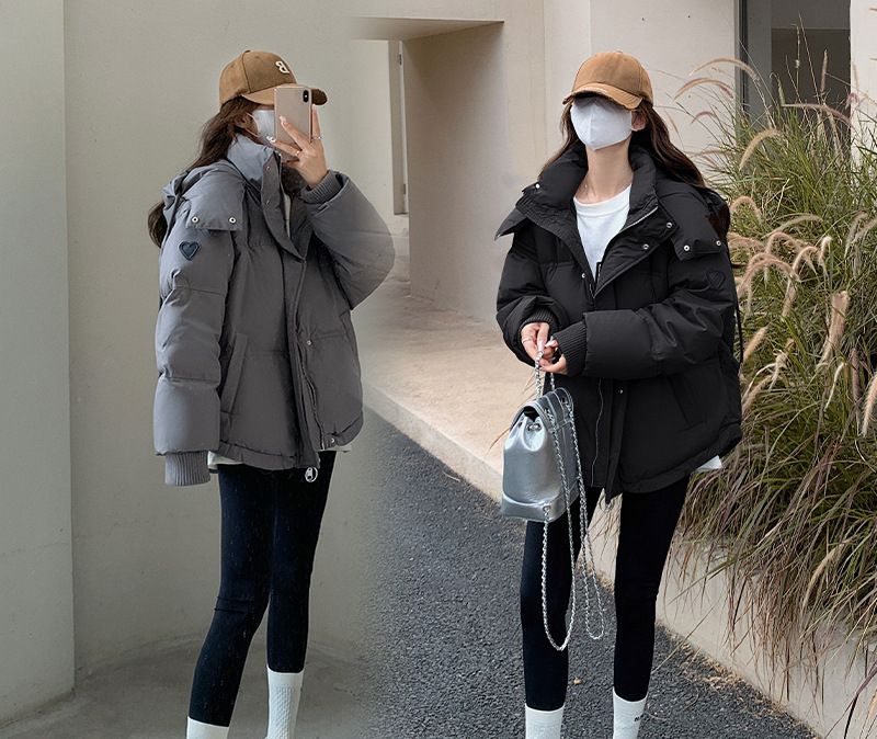 K Gray Heart Kurze Daunenjacke für Damen; Koreanische Version; Studentengröße; Brotmantel für Paare._voghion.com