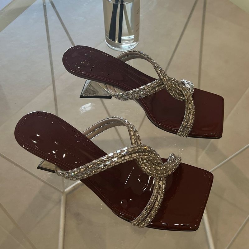 One-Strap Women's Summer New French Style Elegant Mid-High Sandals For Outdoor Wear Simple Square Toe Thin Heel Slippers_voghion.com