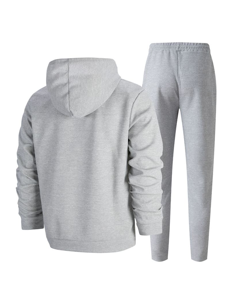 Men's Waffle-Knit Hoodie & Jogger Set – Lightweight Zip-Up Loungewear (S-3XL) | Breathable Polyester For Casual & Sporty Style_voghion.com