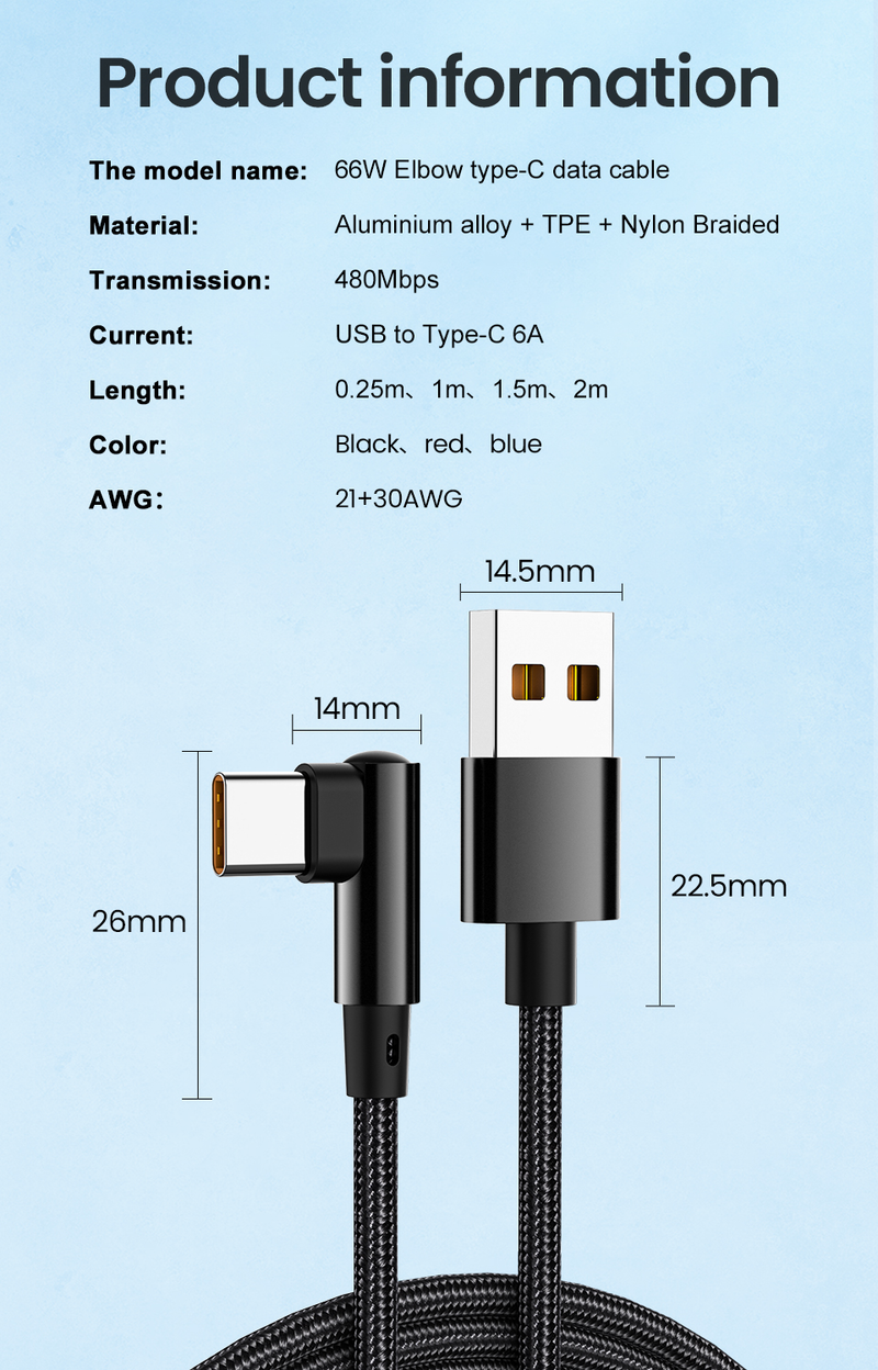 ca USB C 6A carga rápida C ca adecuado para teléfonos Samsung, Xiaomi, Huawei, Hongmi, datos de carga de 90 grados 66W_voghion.com