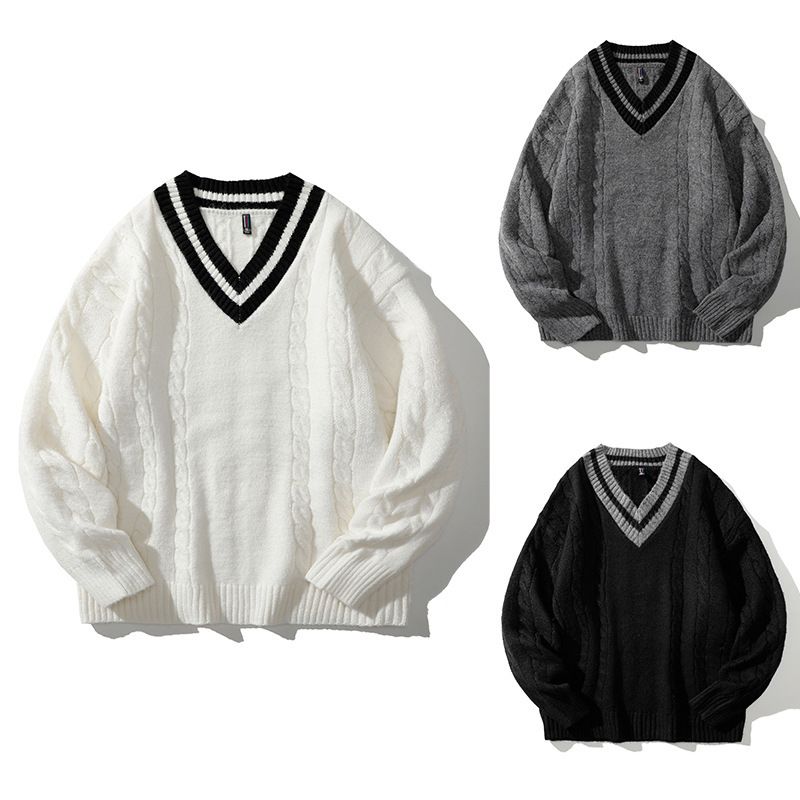 Maglione lavorato a maglia con scollo a V, stile college, per l'autunno, per giovani studenti, uomo_voghion.com
