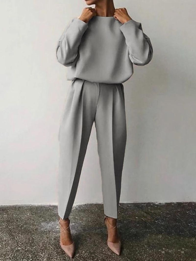 Women's Clothing 2024 autumn and winter new loose solid color long sleeved casual pants suit two piece set_voghion.com