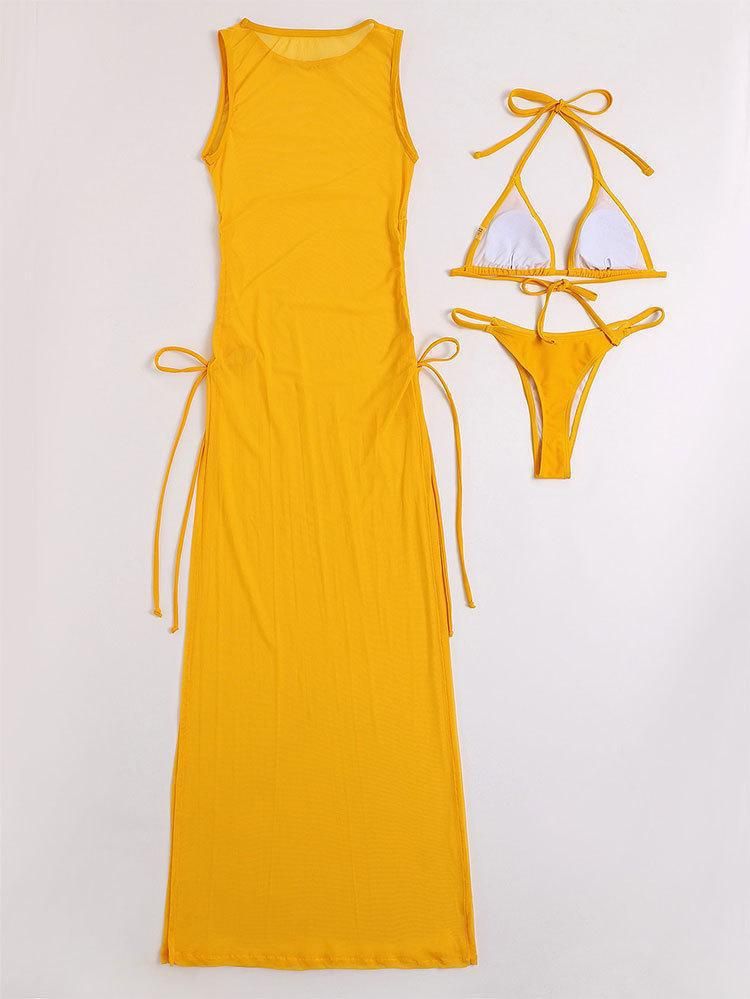 Damenbekleidung Neuer einfarbiger Bikini-Überzug Strandrock Dreiteiliger High-End-Badeanzug für heiße Quellen_voghion.com