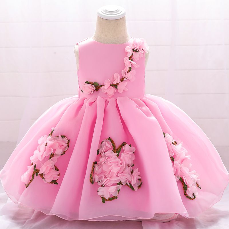 Baby Girl Organza Dress - Fluffy Princess Gown With Handmade Flowers | Adjustable Flower Girl Outfit_voghion.com