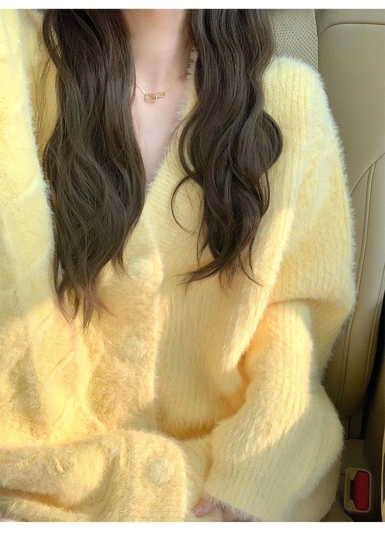 Cardigan en tricot jaune doux et confortable pour femme - Pull oversize à col en V ouvert sur le devant avec mélange acrylique moelleux, coupe ample, pièce de superposition printemps-automne_voghion.com