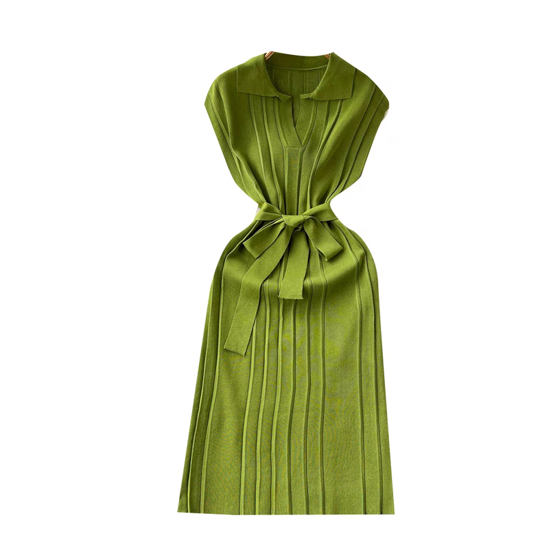 Gonna in maglia con colletto polo retrò, gonna senza maniche, gonna a gilet di media lunghezza, gonna aderente ..._voghion.com