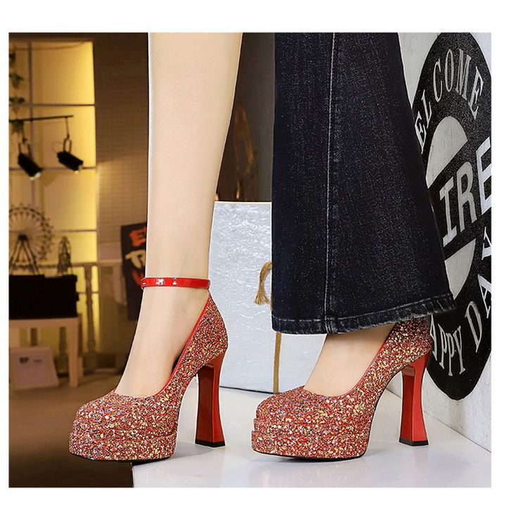 8325 Style One-Strap Super High Chunky Heels Sequin Shallow Mouth Round Toe Double Layer Waterproof Platform Single_voghion.com