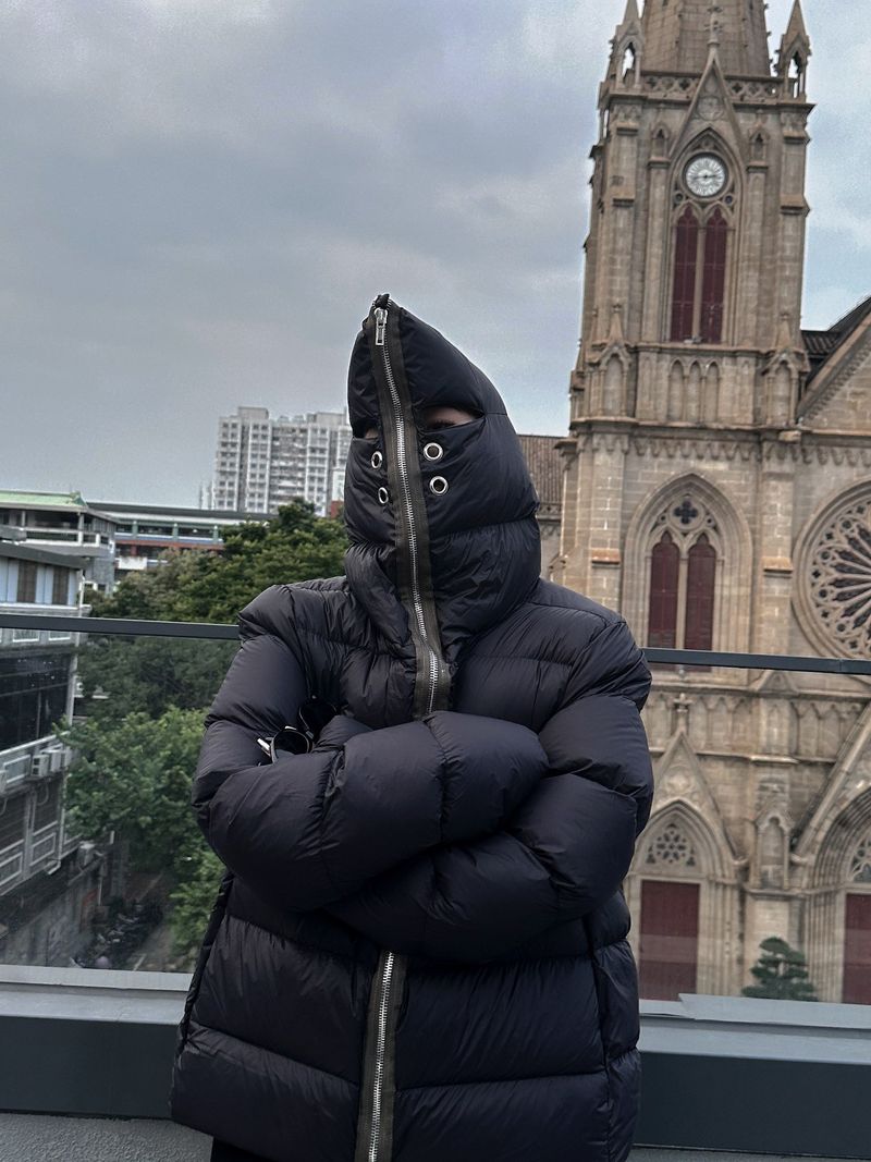 Men's Clothing Dark Style Shark Head Masked Zipper Warm Regular Down Jacket Black, 650 Fill Power Duck Down, Mid-Length Hooded Coat For Urban Commute_voghion.com