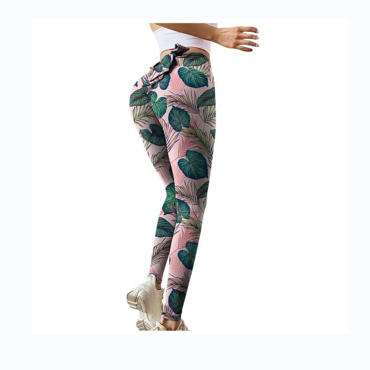 Pantaloni da yoga da yoga da donna con stampa multicolore antirughe sull'anca, dimagranti a vita alta, con fiocco elasticizzato_voghion.com