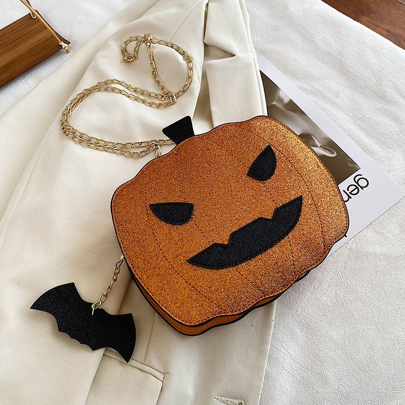 Borsa a tracolla con zucca glitterata a tema Halloween per donna - Borsa a tracolla in PU riflettente retrò con tasche con cerniera, accessorio alla moda e divertente_voghion.com