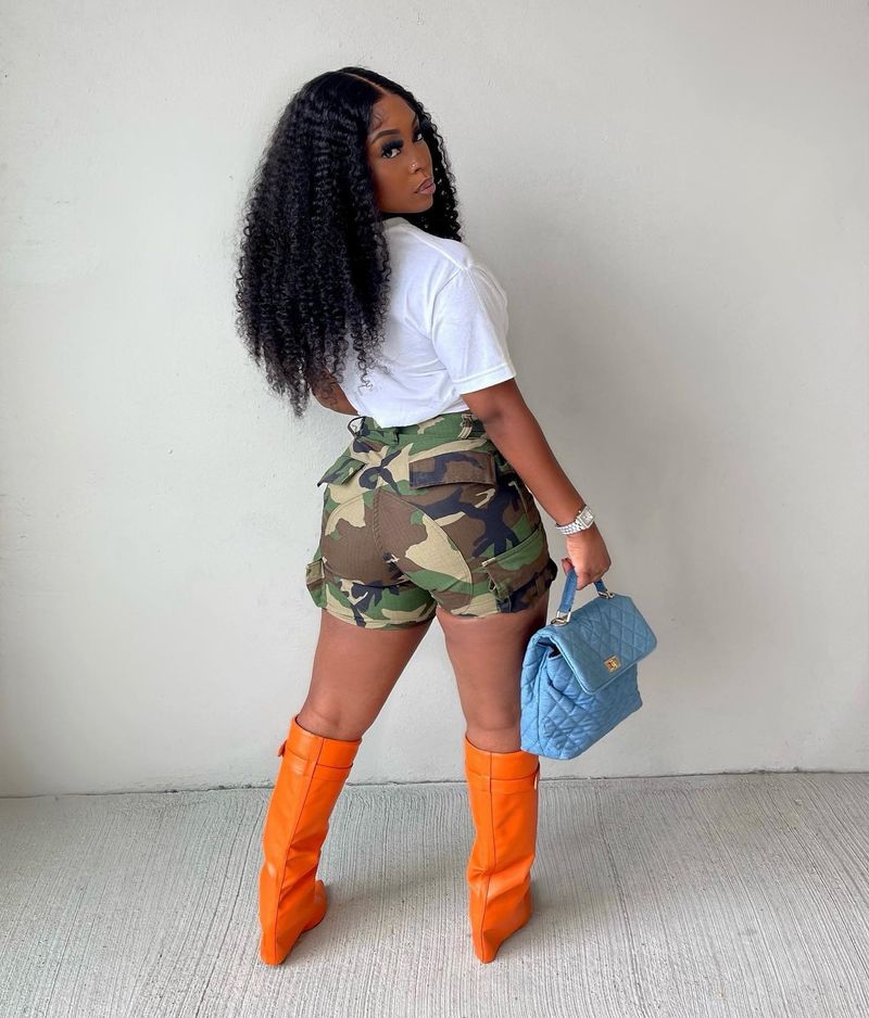 Vêtements pour femmes, short de travail à imprimé camouflage avec poches plaquées et coutures_voghion.com