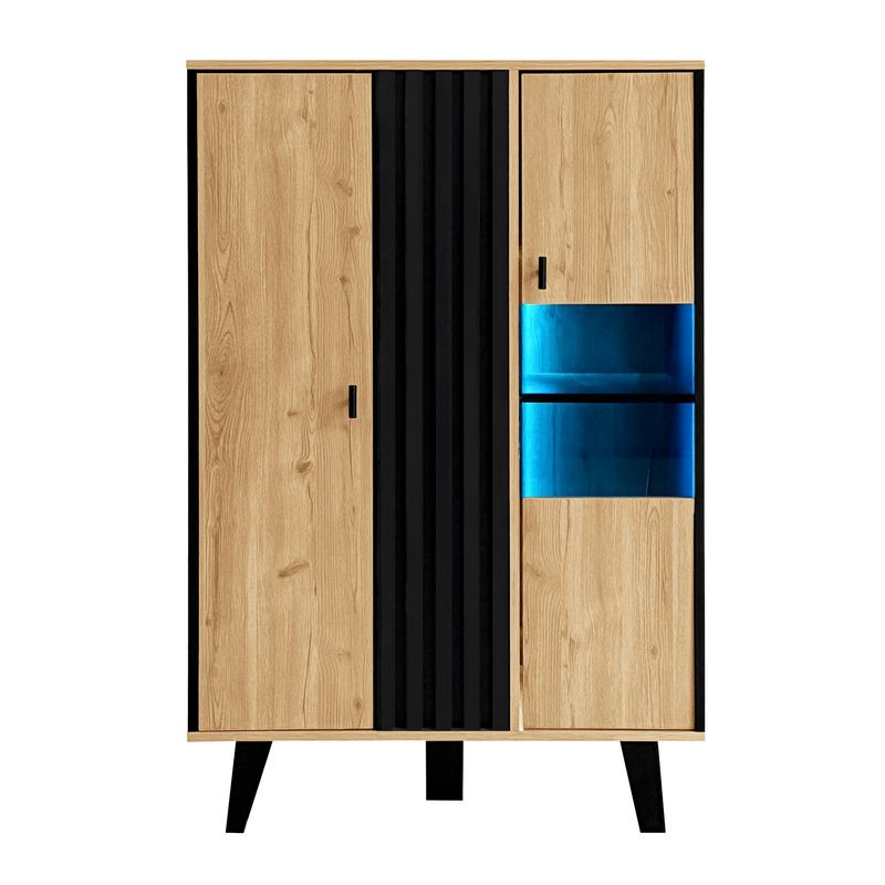 Buffet avec éclairage LED et verre, armoire en stratifié beige avec finition noire et bois, design unique à rayures noires_voghion.com