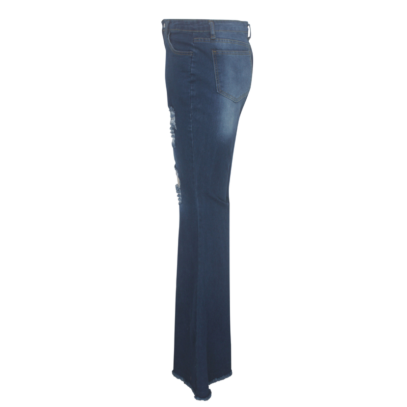 Modische Damenbekleidung mit weitem Bein, ausgewaschener, zerrissener Denim-Stretch-Schlaghose_voghion.com