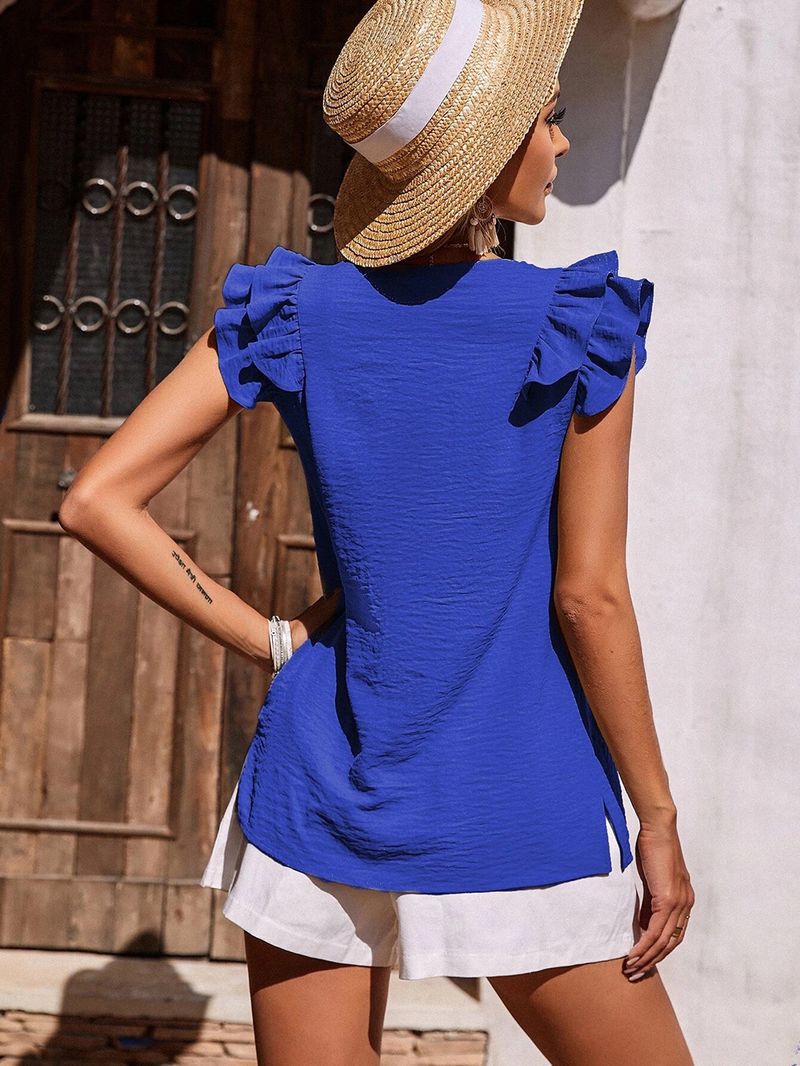 Camicia senza maniche estiva da donna con scollo a V casual e volant_voghion.com