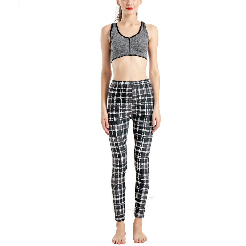 Leggings sportivi elastici a nove punti con stampa scozzese a righe alla moda da donna_voghion.com