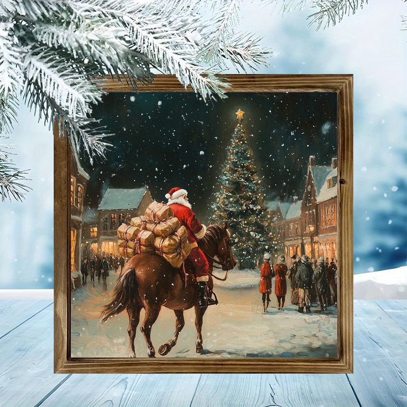 8x8" Wooden Cowboy Santa Wall Art - Festive Western Santa Riding Horse Under Stars. Unique Farmhouse Christmas Decor._voghion.com