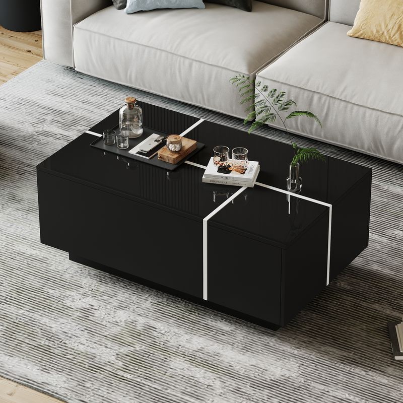 Table basse carrée noire moderne 100 x 60 x 40 cm, finition patchwork brillante, 4 tiroirs et plateau coulissant, supporte jusqu'à 30 kg._voghion.com
