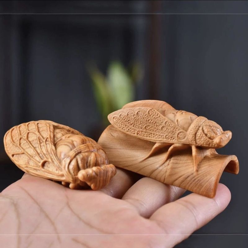 Hand-Carved Cliff Cypress Wood One Shines Bright Handheld Cicada Summer Insect Cultural Play Piece For Men And Women_voghion.com