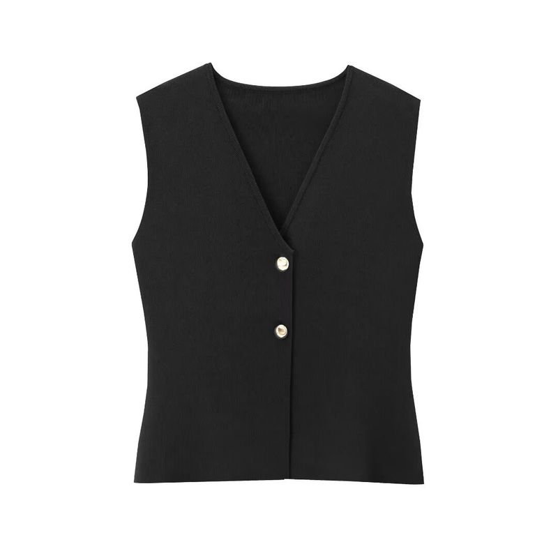 Women's 2024 Autumn/Winter New Street Fashion Gold Button Knitted Tank Top_voghion.com