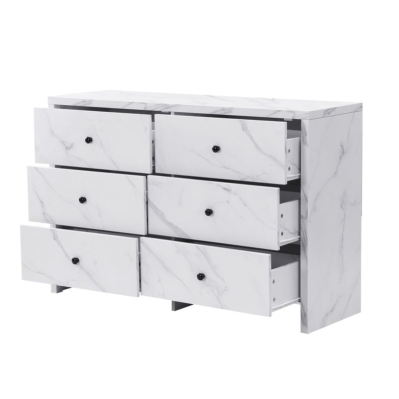 Buffet aspect marbre, 120 cm, 6 tiroirs, poignées en bois noir, sécurité anti-basculement - Meuble de rangement moderne pour la maison_voghion.com