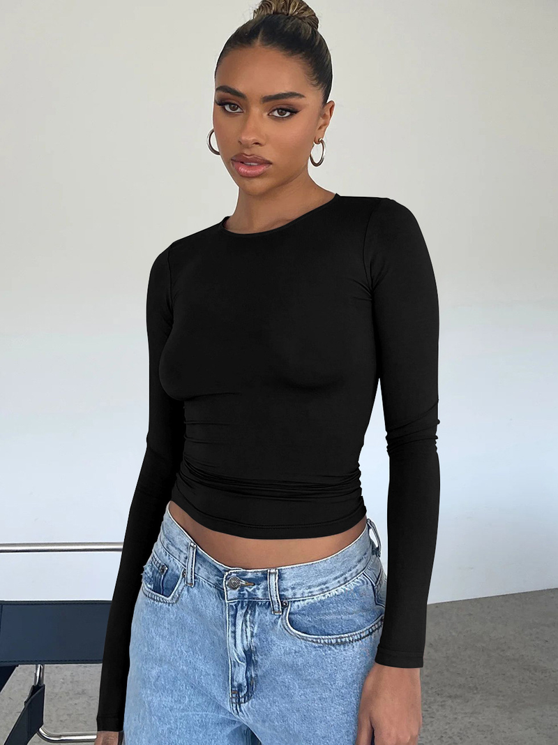 Women's fashion Y2K tight casual long-sleeved breathable base shirt all-in-one wear moisture wadding sweat T-shirt_voghion.com