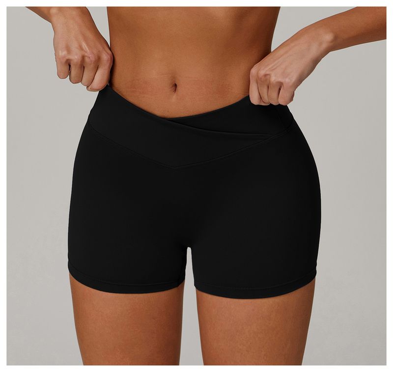 Short de yoga taille haute sans coutures pour femme - Short d'entraînement liftant les fesses avec sensation de nudité, respirant et à séchage rapide, design croisé à la taille_voghion.com
