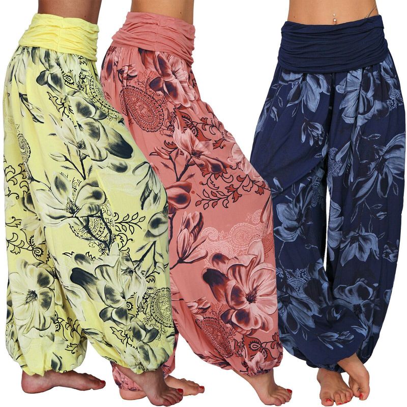 Plus Size Boho Pants, Women's Plus Floral Print Ruched Low Waist Loose Comfy Harem Pants_voghion.com