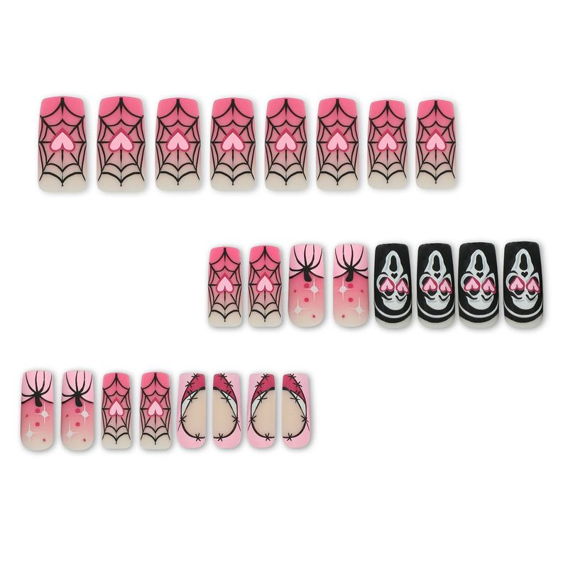 Unghie finte con armatura, nail art di Halloween, sfumatura rosa, amore, zucca, ragnatela, teschio, unghie finte_voghion.com