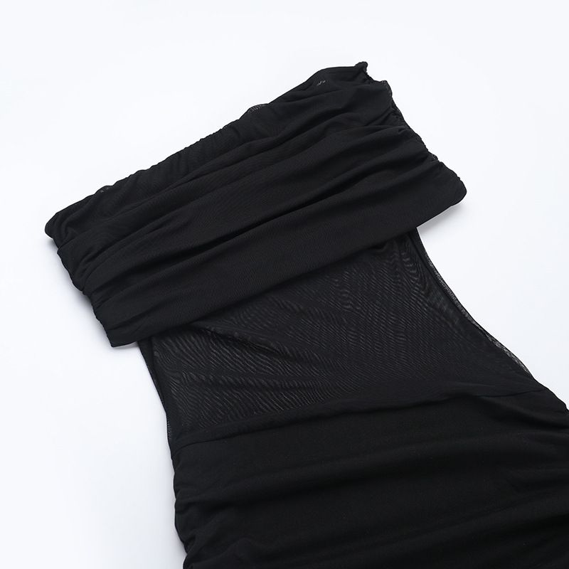 Abito bustier con pannello in rete trasparente e vita arricciata - Gonna midi fluida per donna, abbigliamento casual e per feste estive_voghion.com