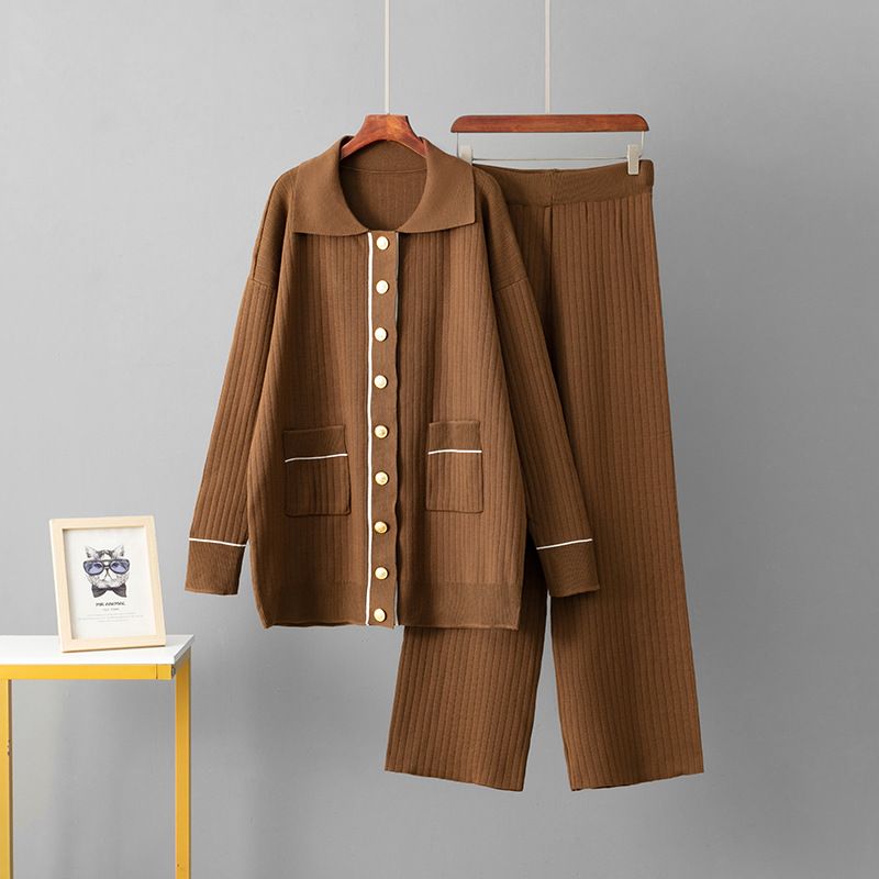 Ensemble 2 pièces en tricot surdimensionné pour femme – Cardigan boutonné sur le devant + pantalon large (noir/olive/kaki) – Ensemble en rayonne respirante pour le bureau et le salon._voghion.com