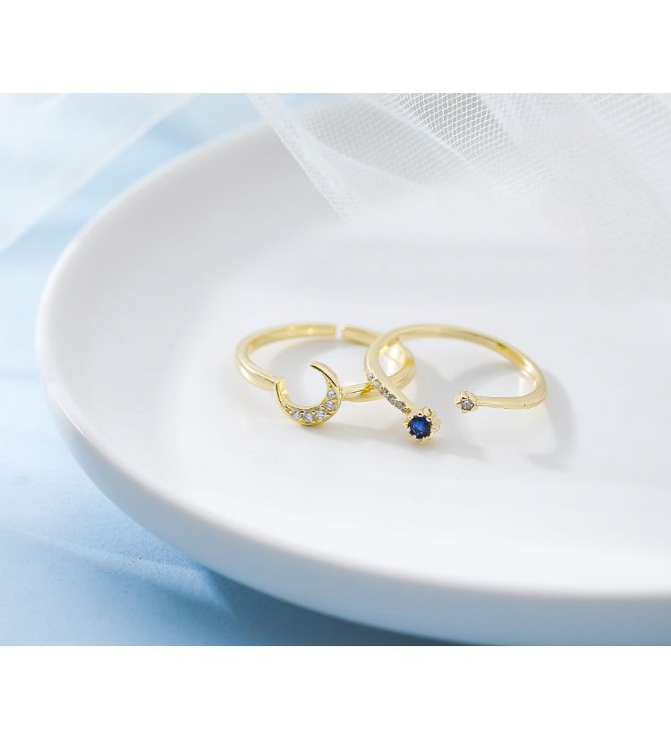 Anello aperto in argento puro con dito indice a forma di stella e luna, anello alla moda per donna, stile minimalista_voghion.com