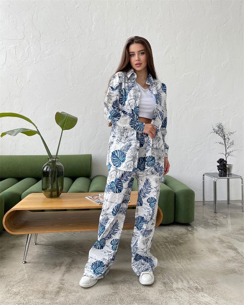 Damen-Freizeitanzug, Herbstmode, Blumendruck, große Größe, lockeres Oberteil, hohe Taille, weites Bein, Hose_voghion.com