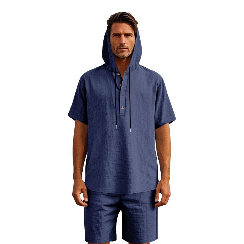 Completo da uomo in lino con camicia e pantaloncini - Completo casual estivo da spiaggia a maniche corte con vestibilità ampia_voghion.com