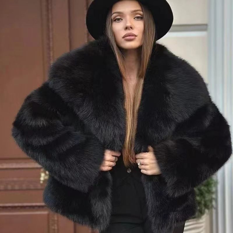 Damen Kunstpelzjacke mit übergroßem Revers, flauschiger lässiger Fuchspelzmantel, elegante Winteroberbekleidung für Damen_voghion.com