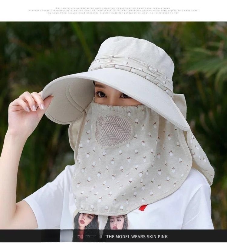 UV Protection Tea Picking Cycling Women's Face Covering Breathable Wide Brim Summer Mask Versatile Cool Sun Hat Travel_voghion.com