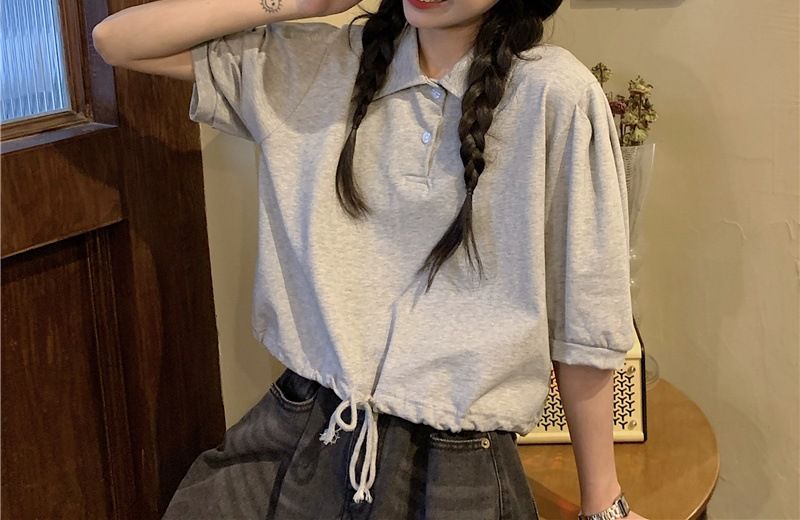 Kurzarm ins trendy frauen basis hemd Koreanische version POLO kragen design gefühl nische grau t-shirt abnehmen kurze_voghion.com
